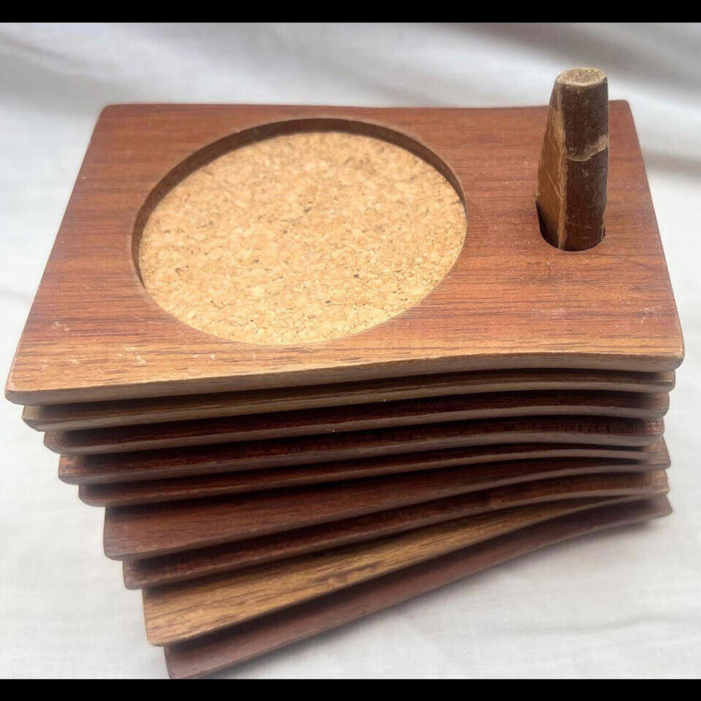 Vintage MCM Coasters Wood and Cork set of 9 (teak?) drinkware from 1950's /60's